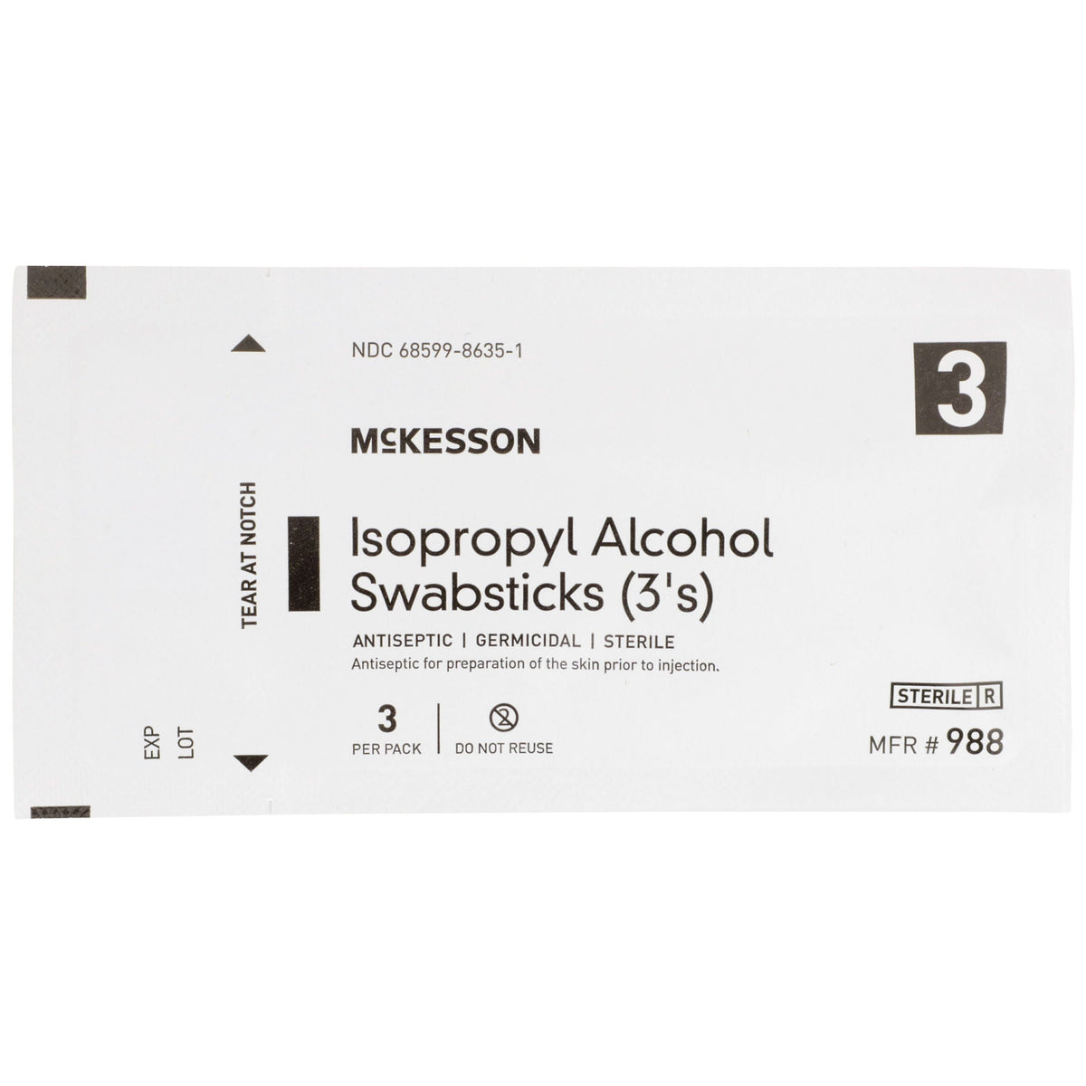 McKesson Isopropyl Alcohol Swabsticks, Antiseptic, 3 Per Pack - 988 - LL Medico