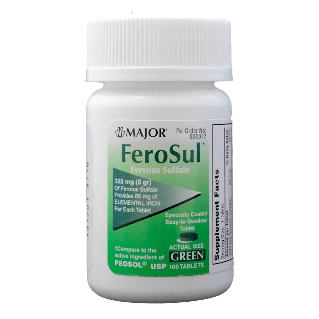 A white bottle labeled FeroSul Iron Mineral Supplement by FeroSul contains 100 tablets, each with 325 mg iron. The label compares its ingredient to Feosol USP, making it suitable for those managing iron deficiency anemia.
