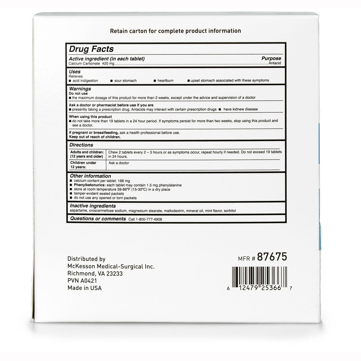 McKesson Calcium Carbonate Antacid Tablets, 420 mg, Mint Flavor - 87675 - LL Medico