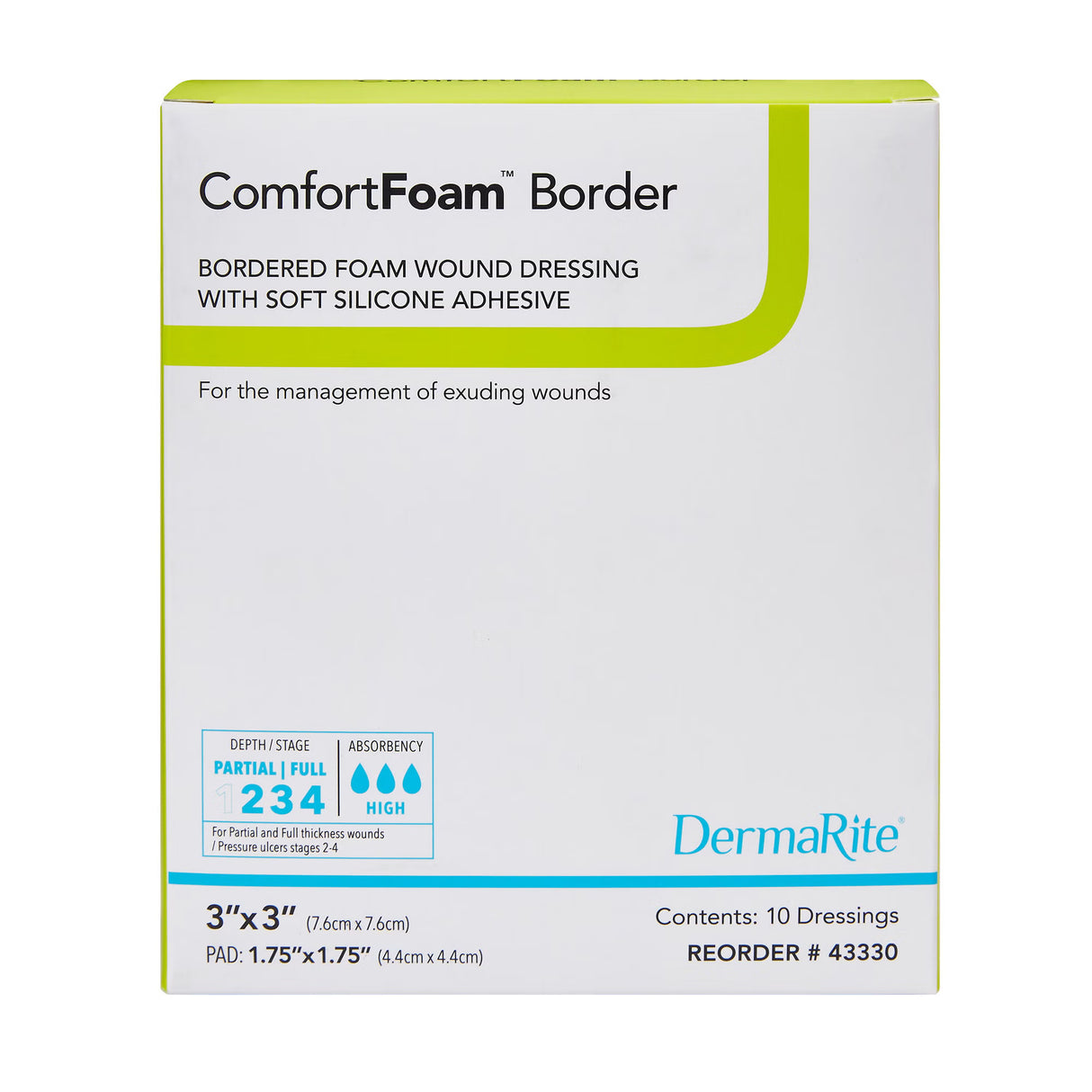 Dermarite ComfortFoam Border Foam Dressing, Square Sterile Waterproof Silicone Adhesive — 3" x 3"