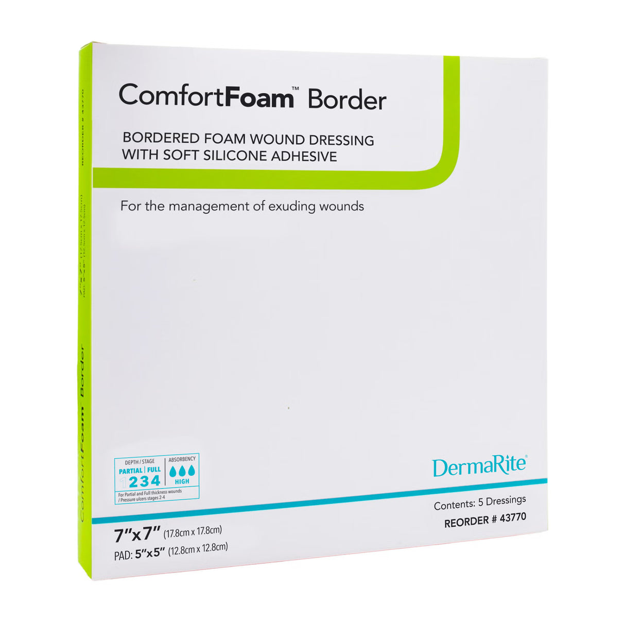 Dermarite ComfortFoam Border Foam Dressing, Square Sterile Waterproof Silicone Adhesive — 7" x 7"