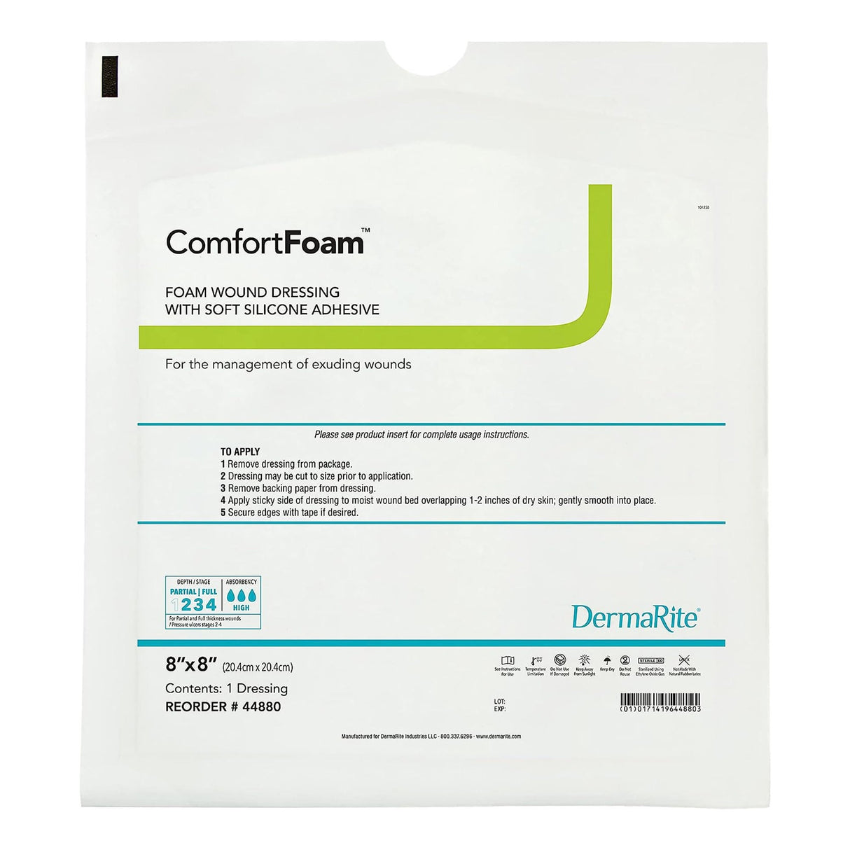 DermaRite ComfortFoam Foam Dressing, Square Sterile, Non-Bordered, Silicone Face — 8" x 8"