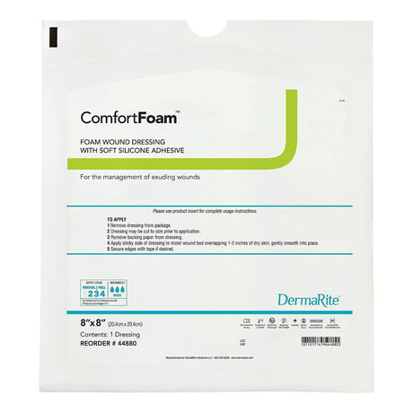 DermaRite ComfortFoam Foam Dressing, Square Sterile, Non-Bordered, Silicone Face — 8" x 8"