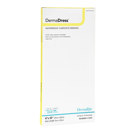 DermaDress Composite Dressing, Rectangle Sterile Waterproof Film Backing — 4" x 10"