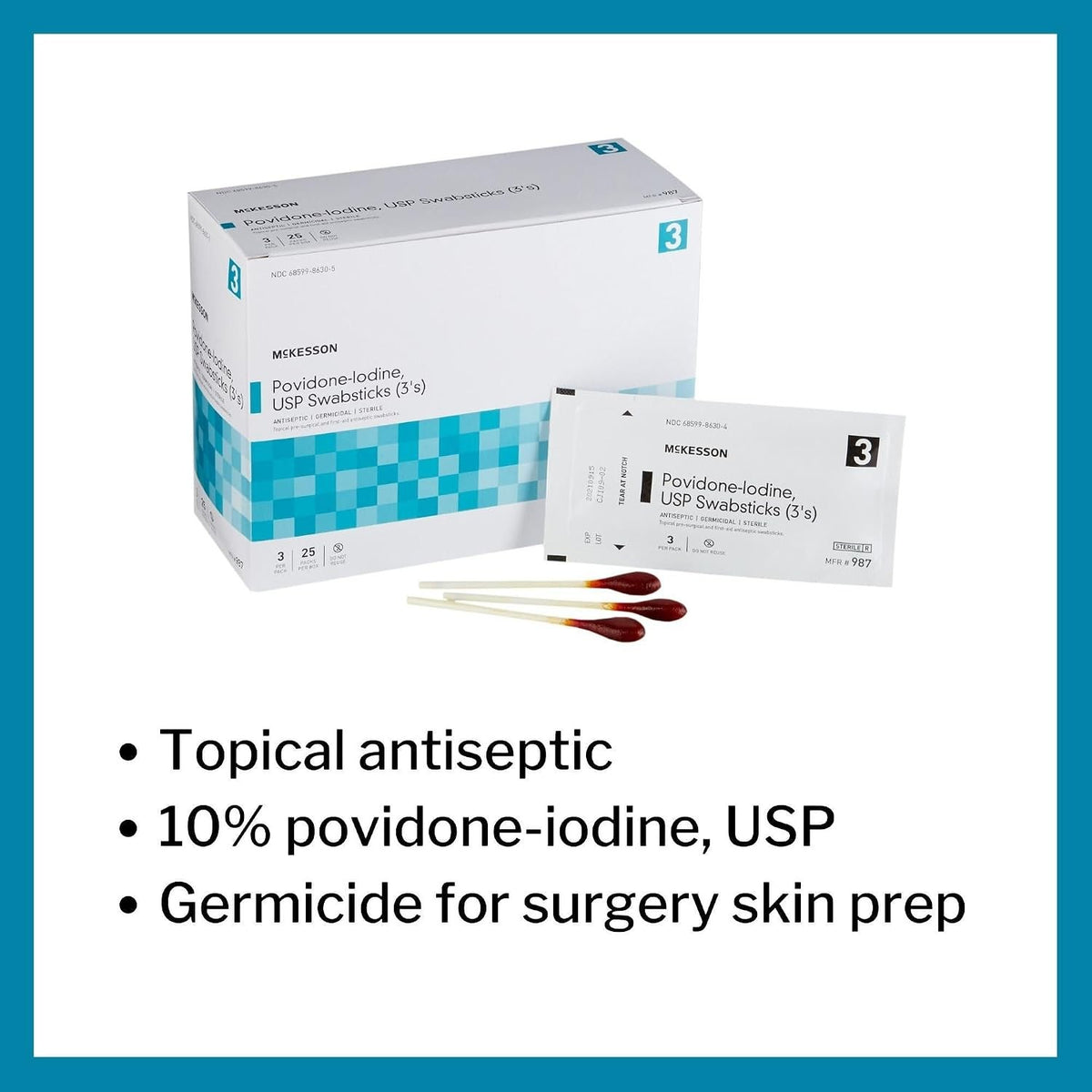 McKesson Povidone-Iodine USP Swabsticks, 3's, Antiseptic Sterile