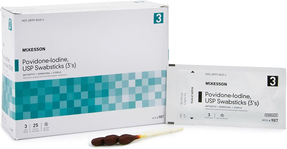 McKesson Povidone-Iodine USP Swabsticks, 3's, Antiseptic Sterile