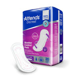 The Attends Discreet Bladder Control Pads by Attends offer all-around protection for urinary incontinence with odor-shield technology and moderate to heavy absorbency. The purple and blue pack contains 20 pads.