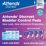 Advertisement for Attends Discreet Bladder Control Pads by Attends, with odor-shield, moderate to heavy absorbency, updated packaging, “Protected for Over 40 Years” seal, satisfaction guarantee badge, website, and phone contact info.
