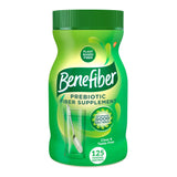 A green container of Benefiber Prebiotic Fiber Supplement, Unflavored features “Plant Based Fiber” and “Nourishes Good Bacteria.” It supports digestive health, is clear and taste-free, offers 125 powder servings, and shows a spoon on the front.