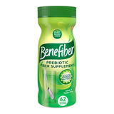 A green bottle of Benefiber Prebiotic Fiber Supplement, Unflavored, features a spoon and glass image on the label, highlights plant-based fiber to nourish good bacteria, supports digestive health, and contains 62 powder servings. Brand: Benefiber.