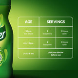 A green chart shows Benefiber Prebiotic Fiber Supplement servings: ages 12+—2 tsp, 3x/day; ages 6–11—1 tsp, 3x/day; under 6—consult a doctor before use.