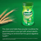 A green Benefiber Prebiotic Fiber Supplement, Unflavored container is shown by wheat stalks on a green background, with text highlighting digestive health benefits and a disclaimer at the bottom.