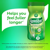A green Benefiber Prebiotic Fiber Supplement, Unflavored container is shown with text: “Helps you feel fuller longer.” The label notes plant-based prebiotic fiber, 38 servings, and digestive health support. A disclaimer appears below.