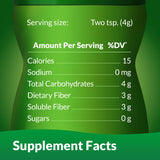 The Benefiber Prebiotic Fiber Supplement, Unflavored, displays a green supplement facts label with per serving: 15 calories, 0mg sodium, 4g carbs (3g dietary fiber, 3g soluble fiber). Two teaspoons (4g) support digestive health.