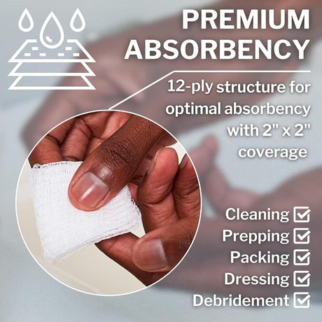 CareStock Gauze Sponge, 2 x 2 in. 12-Ply, Medical-Grade Cotton Wound Dressing