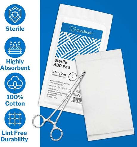 CareStock Sterile Abdominal Pad, 5 x 9 Inch – Nonwoven Cellulose ABD Pads