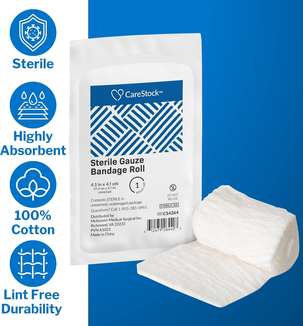 CareStock Sterile Gauze Bandage Roll, Sterile, 4.5 Inch x 4.1 Yard