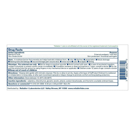 White label with blue border showing drug facts and usage for CalProtect Skin Protectant Ointment by Reliable-1, containing pramoxine hydrochloride and zinc oxide, with directions, warnings, active ingredients, and distributor info.