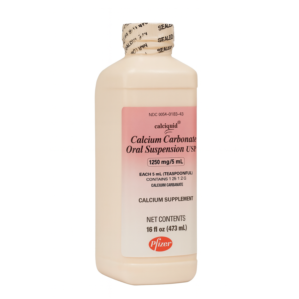 A 16 fl oz (473 mL) bottle of Calciquid Calcium Carbonate Joint Health Supplement by McKesson, sealed cap, labeled as a liquid calcium supplement to support bone and joint health.