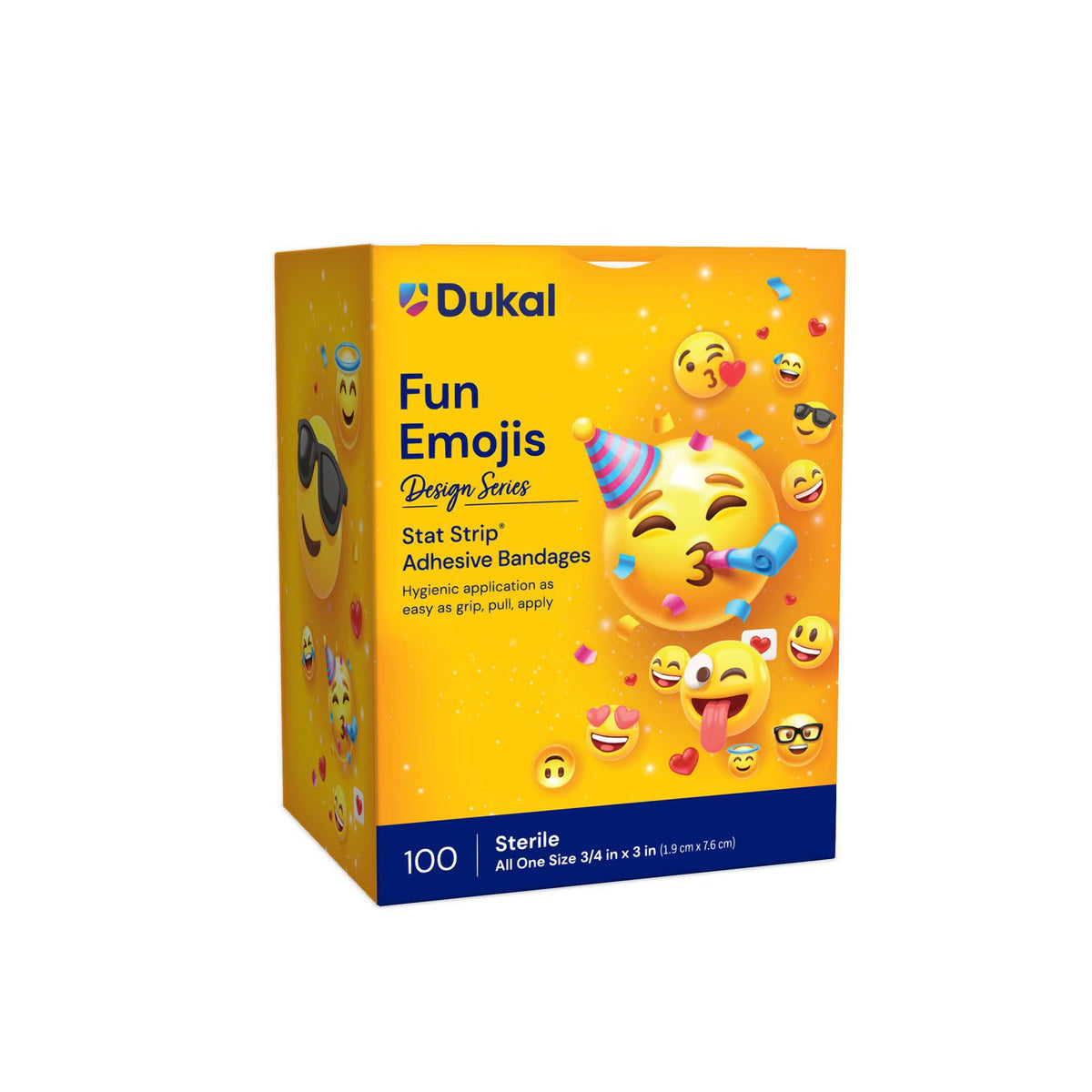 Dukal Fun Emojis Design Series Stat Strip Adhesive Bandages, Sterile, 3/4 x 3 Inch