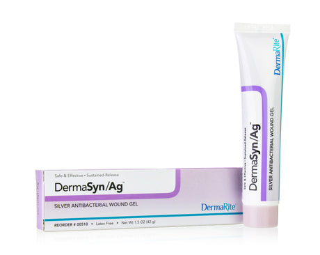 A tube of Dermarite DermaSyn Ag Silver Antibacterial Wound Care Gel stands beside its box on a white background. Both the white box and tube feature purple and silver accents, highlighting this advanced wound care product.
