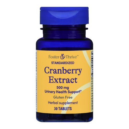 A blue bottle of Foster & Thrive Cranberry Dietary Supplement, 500 mg, supports urinary tract health and antioxidant protection. Gluten-free herbal supplement, 30 tablets. The label is yellow and blue. Brand: Foster & Thrive.
