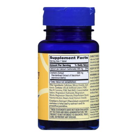 A blue bottle of Foster & Thrive Cranberry Dietary Supplement with a blue cap. The label lists Supplement Facts, including 350mg calcium and cranberry extract for antioxidant protection and urinary tract support; text is mostly unreadable.