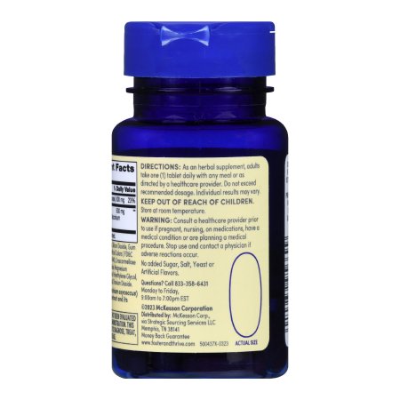 A blue plastic bottle with a purple cap, featuring directions, warnings, and Foster & Thrive manufacturer info on a yellow label. The back highlights text instructions for urinary tract health for Foster & Thrive Cranberry Dietary Supplement.