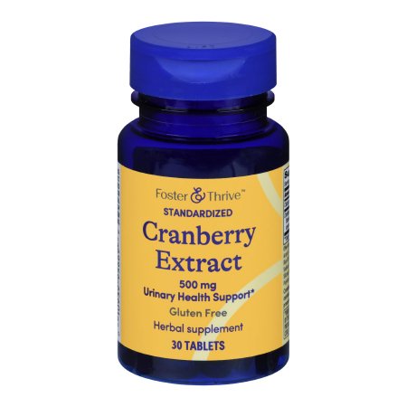 A blue bottle of Foster & Thrive Cranberry Dietary Supplement contains 30 gluten-free tablets, each with 500 mg cranberry, standardized for urinary tract health and antioxidant protection.