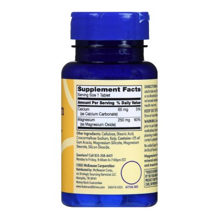 Foster & Thrive Magnesium Supplement by Foster & Thrive comes in a blue bottle with a yellow label showing 65 mg calcium (as carbonate) and 250 mg magnesium (as oxide) per tablet, supporting muscle relaxation and energy. Other ingredients listed.