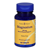 A blue bottle of Foster & Thrive Magnesium Supplement, 250 mg, for bone & muscle support and energy production; gluten free mineral supplement with 100 tablets and a yellow label.
