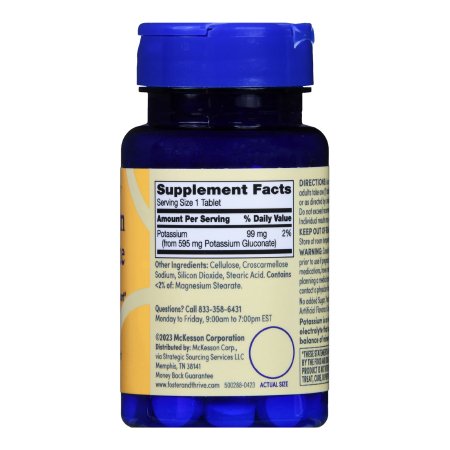 A blue Foster & Thrive Potassium Gluconate Dietary Supplement bottle with a yellow label lists 99 mg potassium per tablet (from 595 mg potassium gluconate), which may help support muscle cramps, plus other ingredients and contact details.