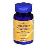 A blue bottle of Foster & Thrive Potassium Gluconate Dietary Supplement, 595 mg, gluten free, supports mineral balance and relieves muscle cramps; contains 100 tablets.