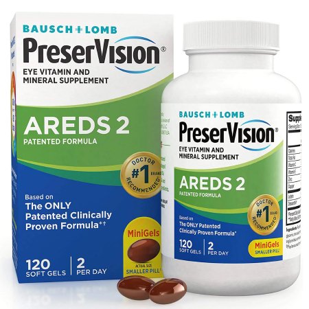 A box and bottle of PreserVision AREDS 2 Eye Vitamin Supplement by PreserVision, each with 120 soft gels. Two brown soft gels are displayed in front of the packaging, formulated to support macular health.