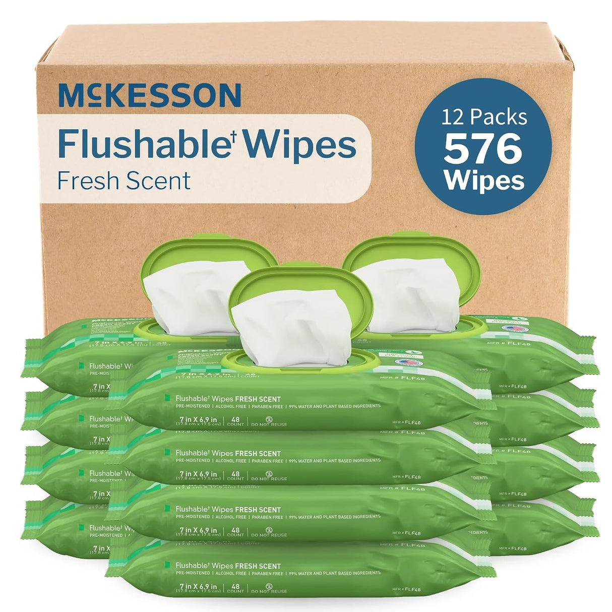 McKesson Flushable Wipes, Fresh Scent, 7" x 6.9"
