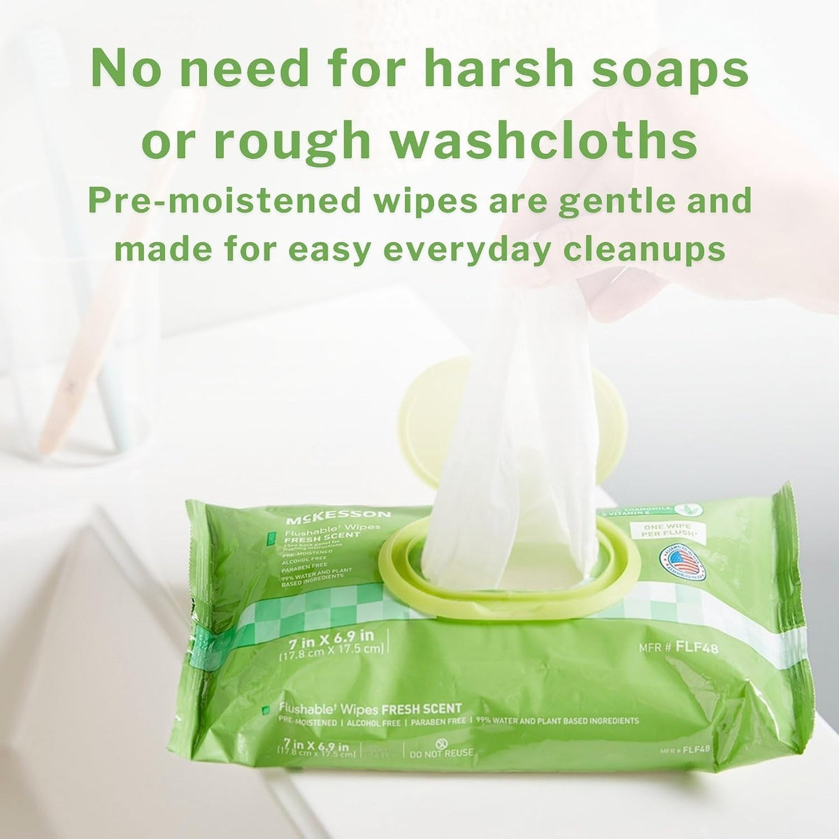 McKesson Flushable Wipes, Fresh Scent, 7" x 6.9"