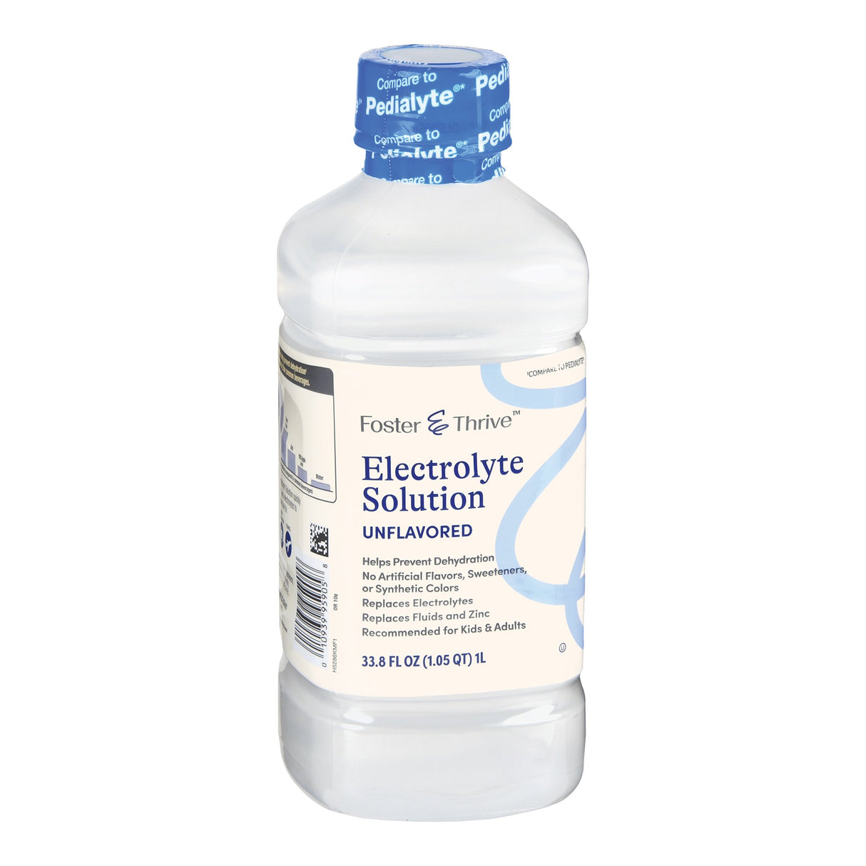 A 33.8 fl oz clear plastic bottle labeled Foster & Thrive Oral Electrolyte Solution, Unflavored, features blue and beige text and is designed for rehydration for both kids and adults.