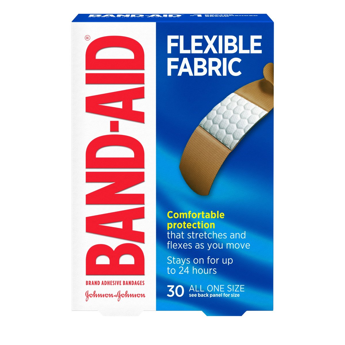 Band-Aid Flexible Fabric Adhesive Bandages, Sterile, All One Size, 3/4" x 3", Box of 30
