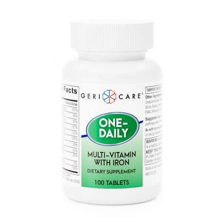 A white bottle of Geri-Care Multivitamin Supplement with Iron by Geri-Care, featuring a green and blue label with product info and nutrition facts partially visible. This multivitamin provides iron for immune support and energy boost.