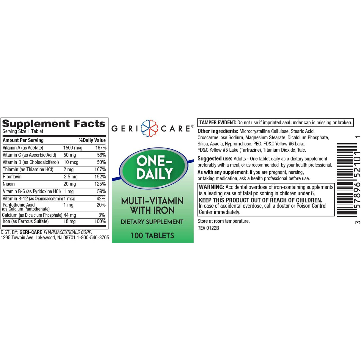 Label for Geri-Care Multivitamin Supplement with Iron by Geri-Care, featuring supplement facts, ingredients, dosage instructions, warnings, barcode, and packaging info for a 100-tablet bottle designed to support immunity and energy.