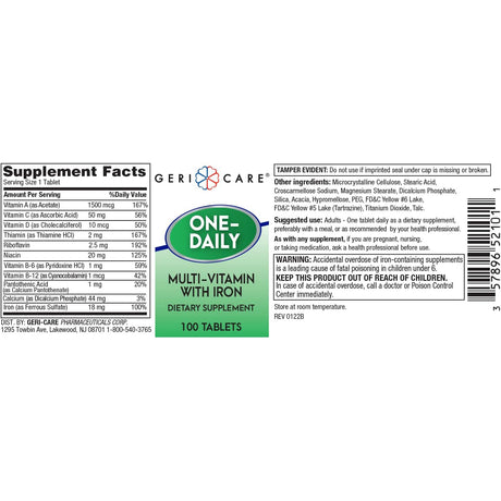 Label for Geri-Care Multivitamin Supplement with Iron by Geri-Care, featuring supplement facts, ingredients, dosage instructions, warnings, barcode, and packaging info for a 100-tablet bottle designed to support immunity and energy.