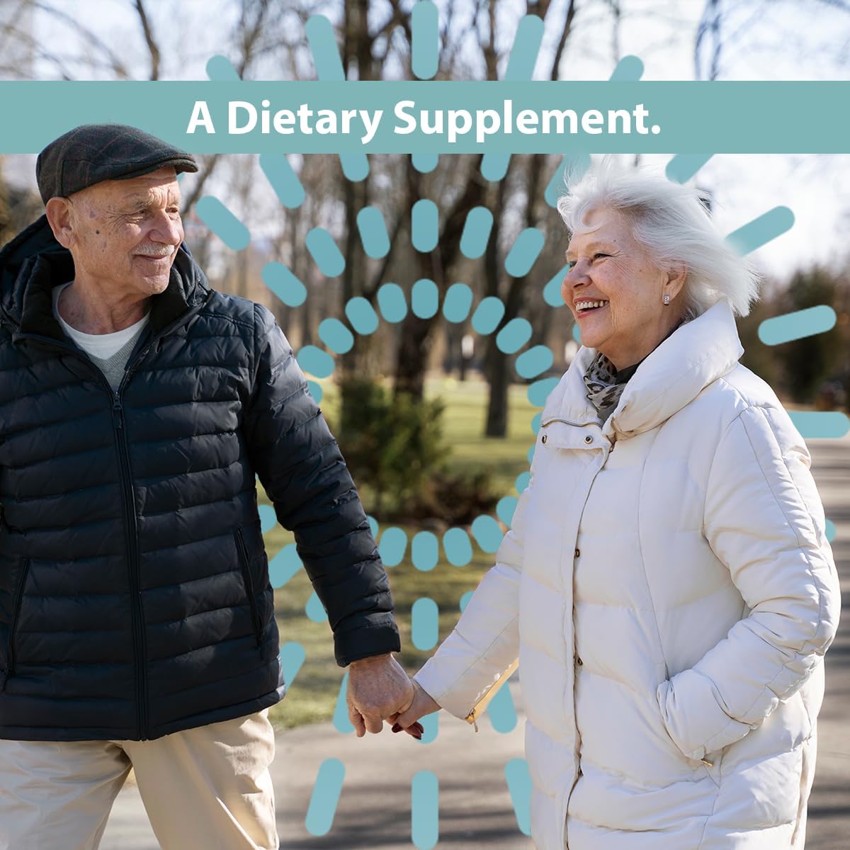 A smiling older couple in winter coats walk hand-in-hand outdoors. Above them, "Geri-Care Multivitamin Supplement with Iron" and a blue sunburst graphic are displayed. Brand: Geri-Care.