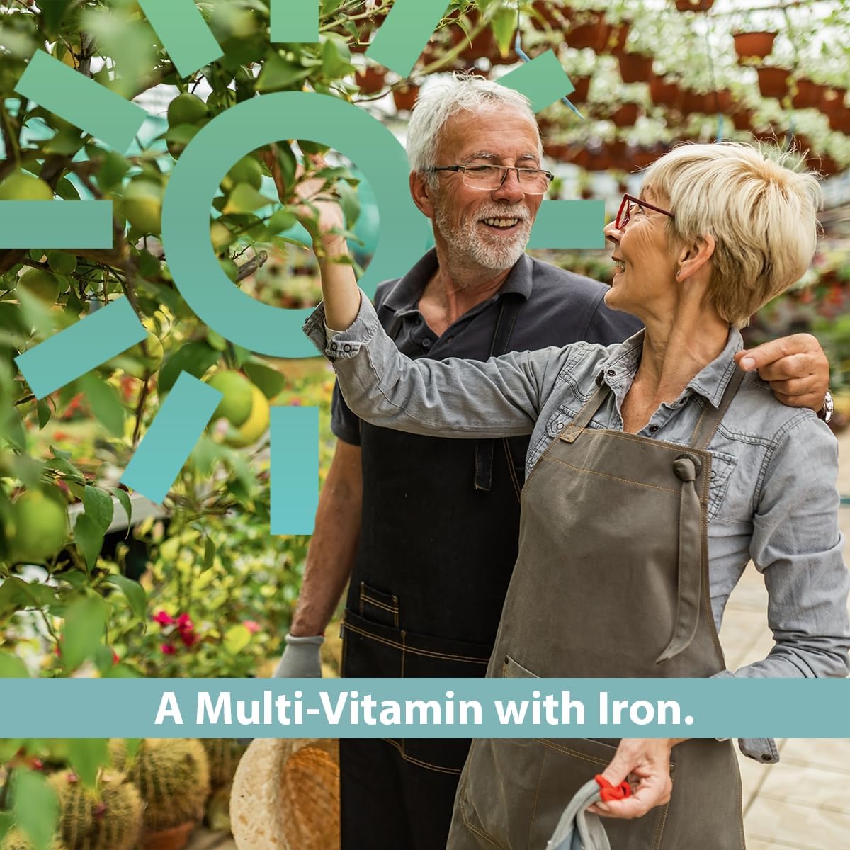 An older man and woman happily pick fruit in a garden, both wearing aprons. A graphic sun and the text "Geri-Care Multivitamin Supplement with Iron for immune support" are overlaid on the image.
