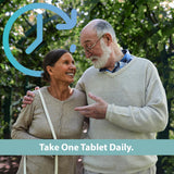 An elderly couple smiles while walking outdoors. A clock icon and the text “Take One Tablet Daily” promote Geri-Care Multivitamin Supplement with Iron, supporting daily wellness as part of the Geri-Care brand.