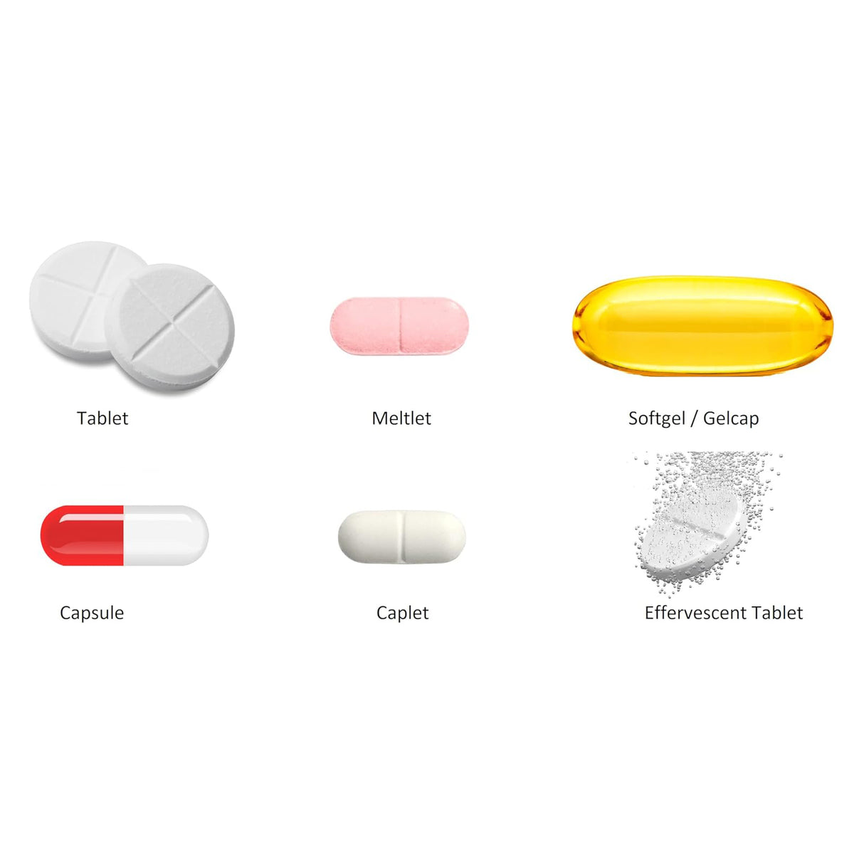 Geri-Care Multivitamin Supplement with Iron comes in six forms: a round white tablet, pink oval meltlet, yellow immune support softgel, red/white capsule, white oval caplet, and an effervescent tablet that dissolves into powder.