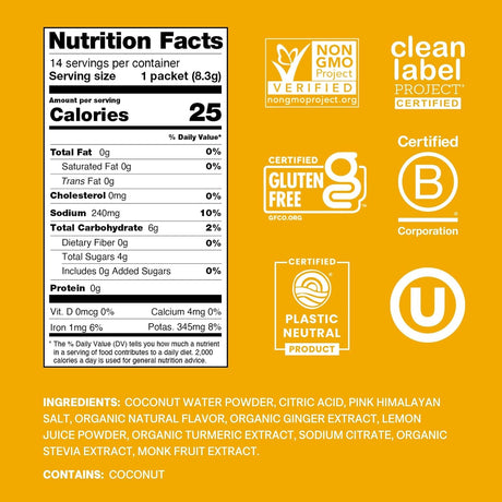 Cure Hydration Electrolyte Drink Powder, Ginger Turmeric, 14 Packets
