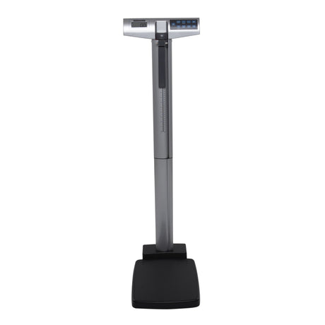 The Health O Meter Eye-Level Digital Physician Scale with Height Rod, by Health O Meter, features a tall column, digital display, and sleek black platform. Accurately measures up to 660 lbs—ideal for clinics or home use.