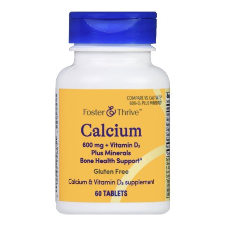 Foster & Thrive Calcium + Vitamin D Joint Health Supplement—60 tablets per bottle, each with 600 mg calcium, plus vitamin D3 and minerals for bone and joint support. Gluten free.