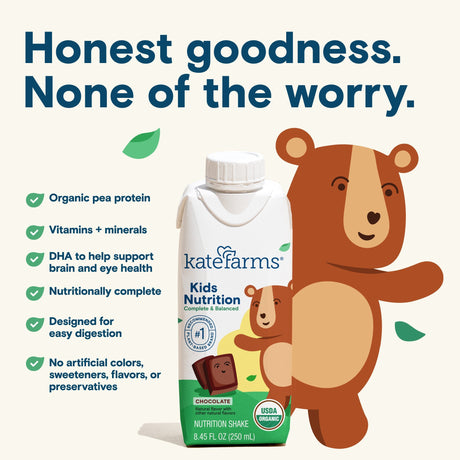 Kate Farms Kid's Nutrition Shake, Chocolate, Case/12—delicious and nutritious, perfect for little ones who need a healthy boost.