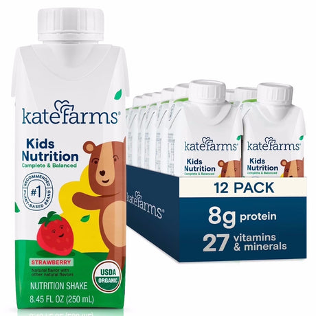 A case of 12 Kate Farms Kid's Nutrition Shake, Strawberry, is shown with packaging featuring a bear and strawberry illustration, and highlights “8g organic pea protein” plus “27 vitamins & minerals.”.